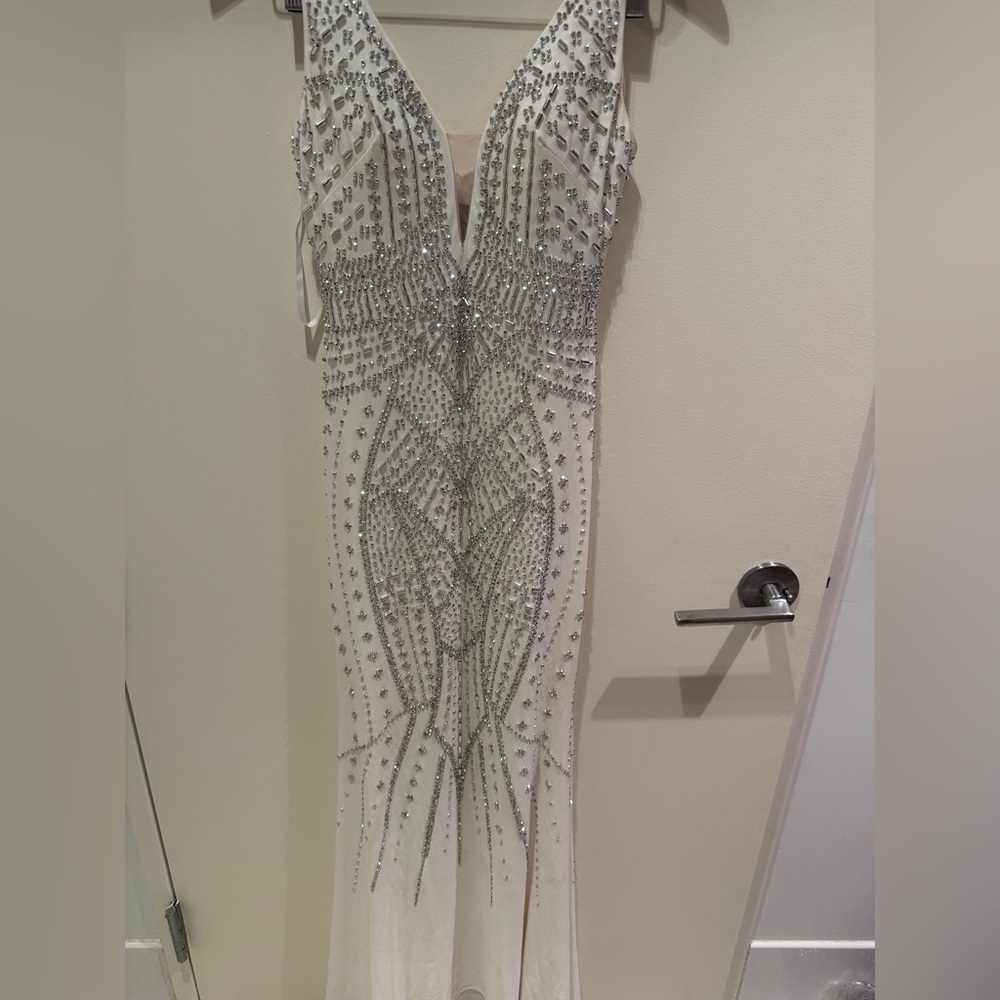 Xscape White Dress with Silver Embellishments